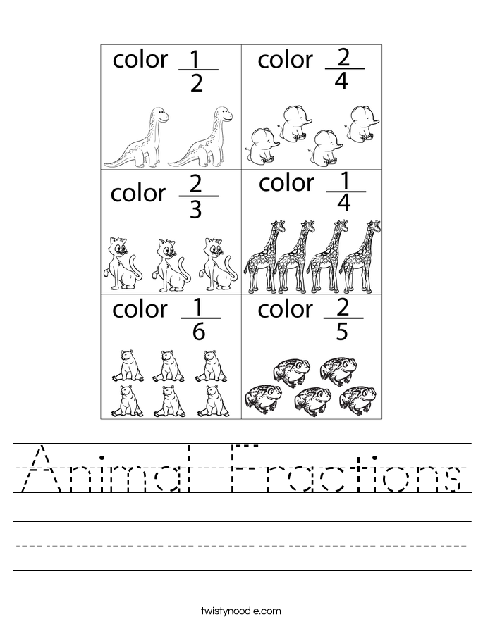 Animals math worksheets on fractions
