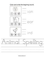 Animal Spelling Handwriting Sheet