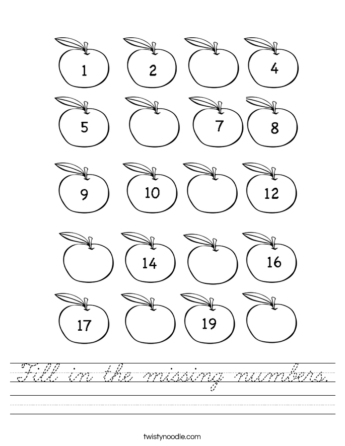 Fill In The Missing Numbers Worksheet Cursive Twisty Noodle