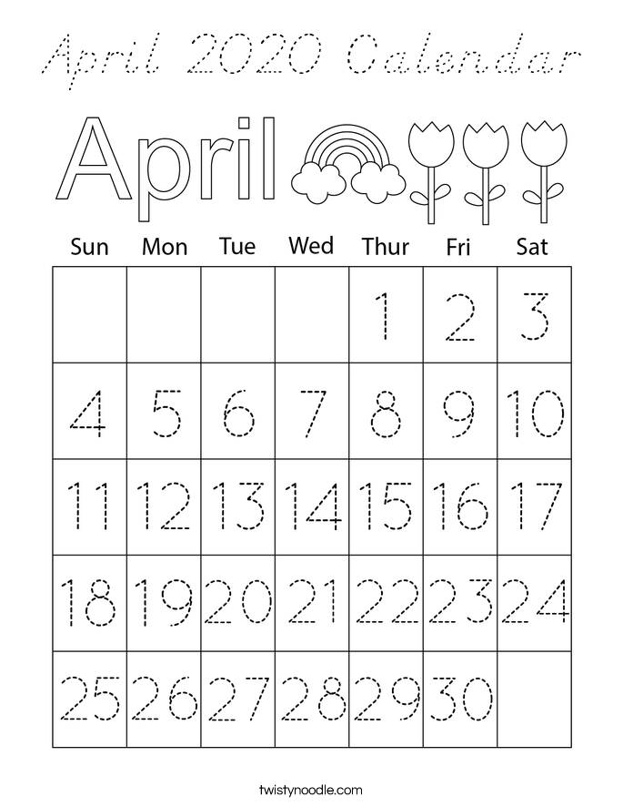 April 2020 Calendar Coloring Page