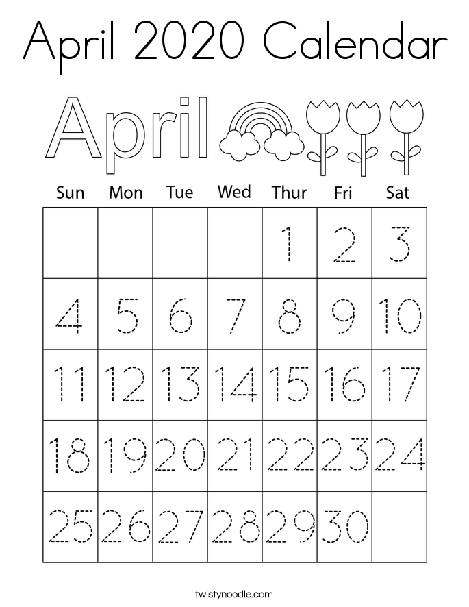 April 2020 Calendar Coloring Page
