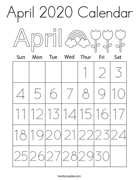 April 2020 Calendar Coloring Page Twisty Noodle