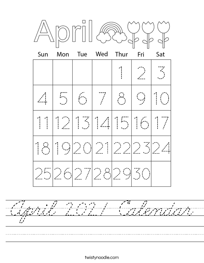 April 2021 Calendar Worksheet