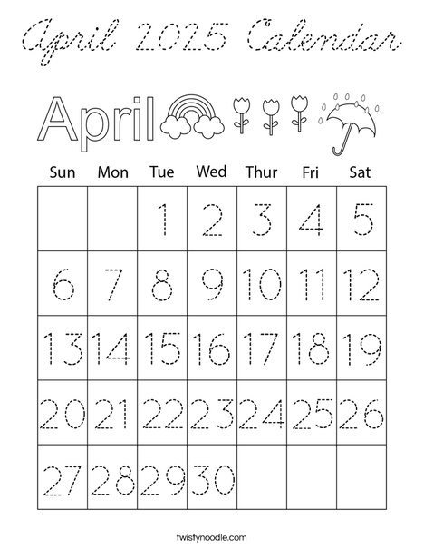 April 2025 Calendar Coloring Page