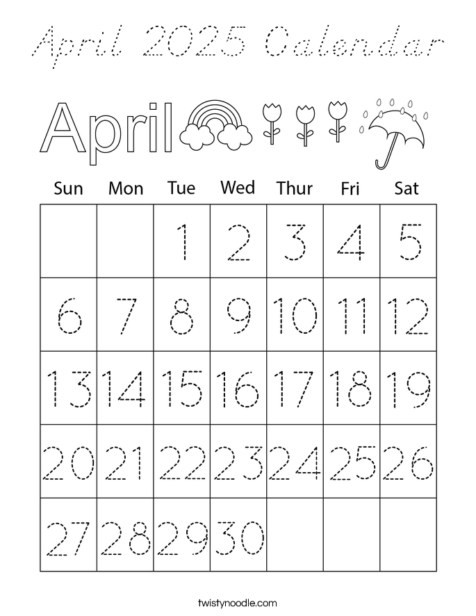 April 2025 Calendar Coloring Page