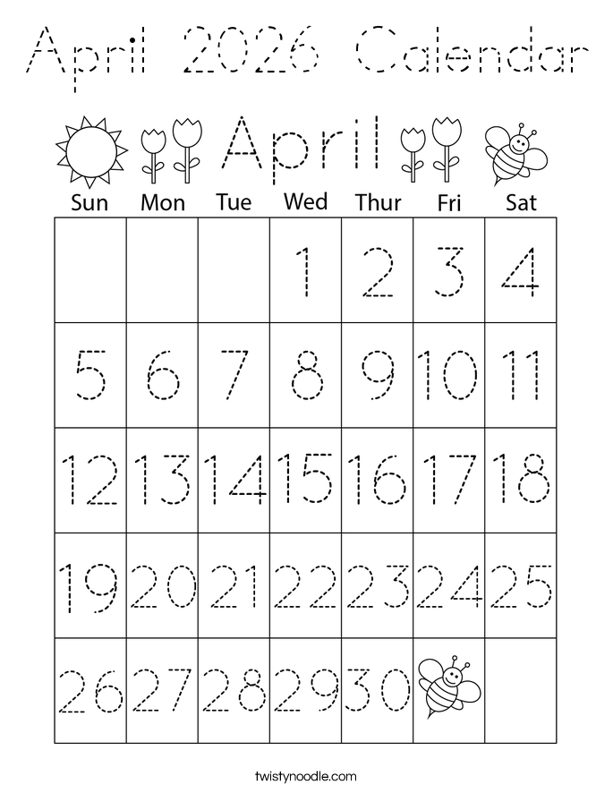 April 2026 Calendar Coloring Page