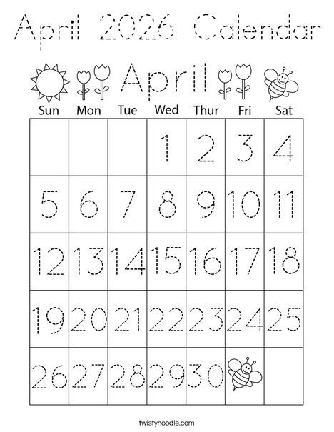 April 2026 Calendar Coloring Page