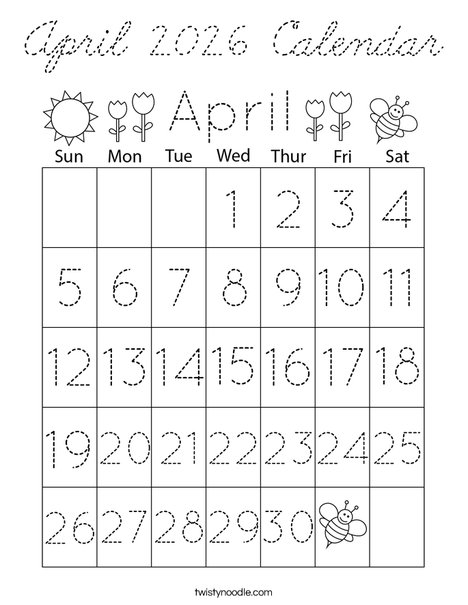 April 2026 Calendar Coloring Page