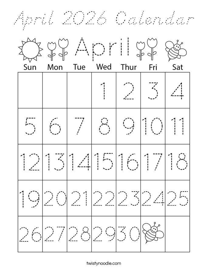 April 2026 Calendar Coloring Page