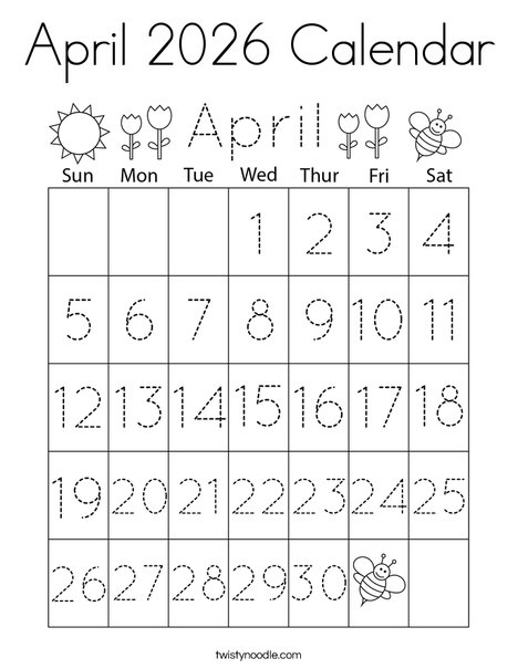 April 2026 Calendar Coloring Page