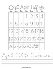 April 2026 Calendar Handwriting Sheet