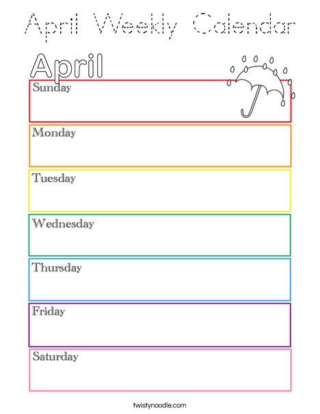 April Weekly Calendar Coloring Page