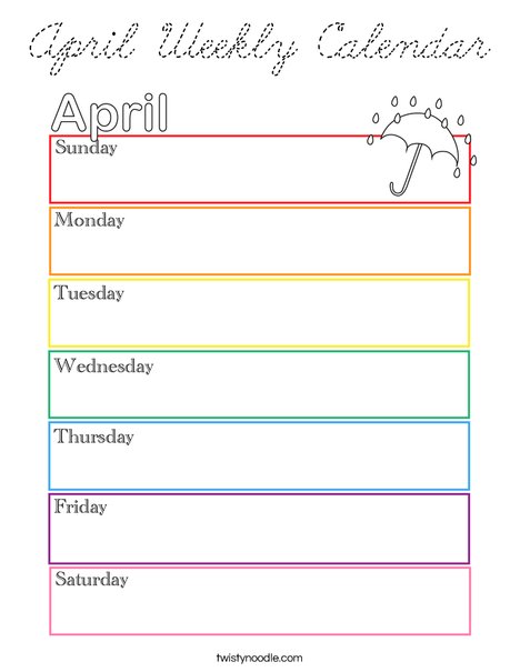 April Weekly Calendar Coloring Page