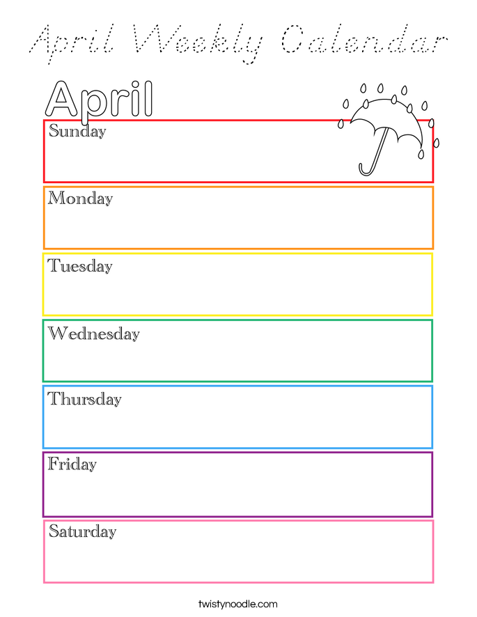 April Weekly Calendar Coloring Page