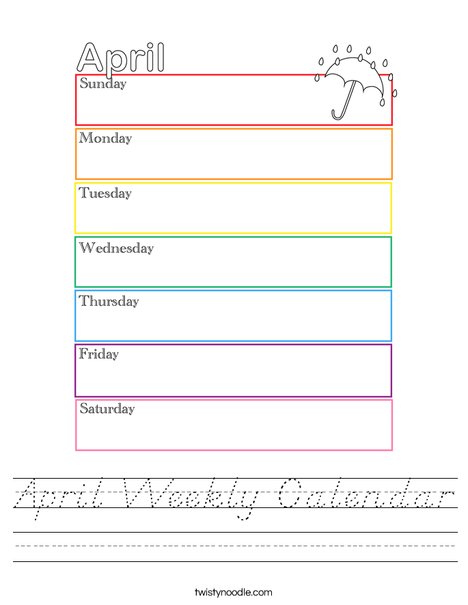 April Weekly Calendar Worksheet