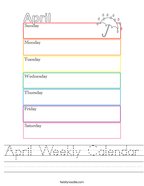 April Weekly Calendar Handwriting Sheet