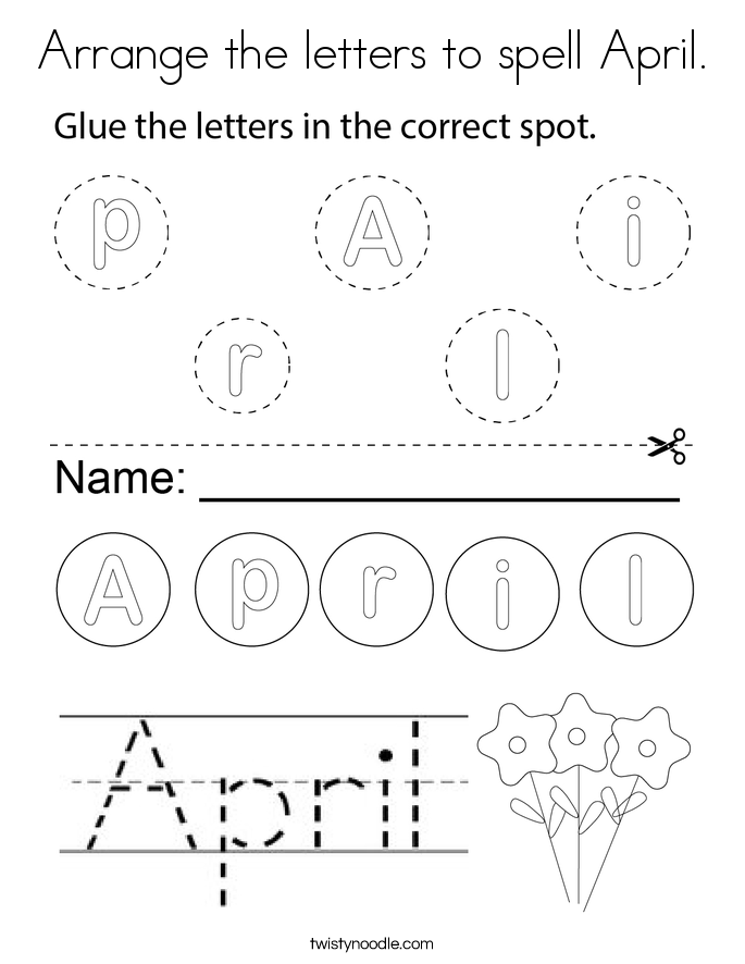 Arrange the letters to spell April. Coloring Page