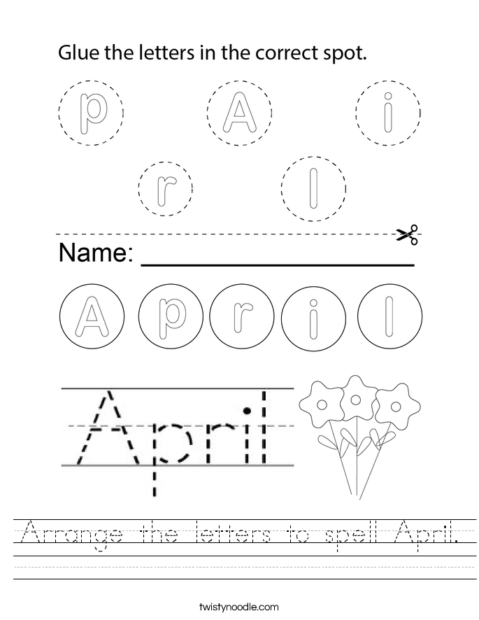 Arrange the letters to spell April. Worksheet