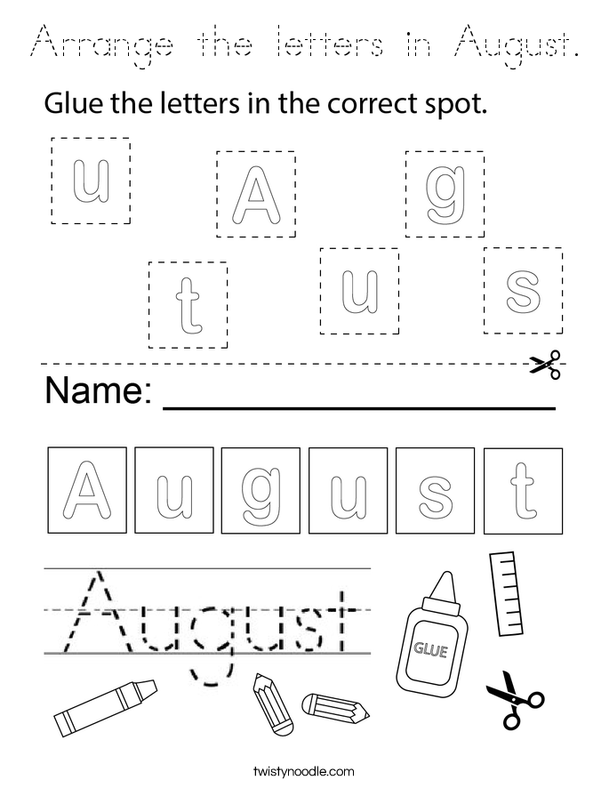 Arrange the letters in August. Coloring Page