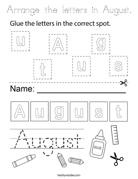 Arrange the letters in August. Coloring Page