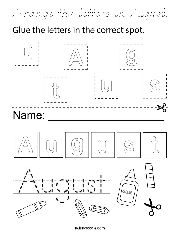 Arrange the letters in August. Coloring Page