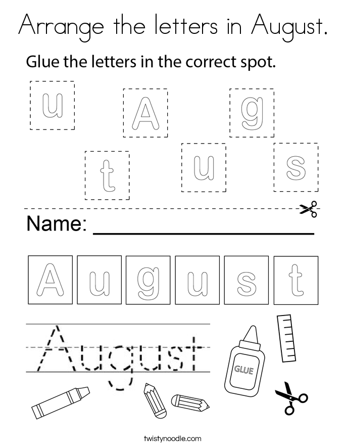 Arrange the letters in August. Coloring Page