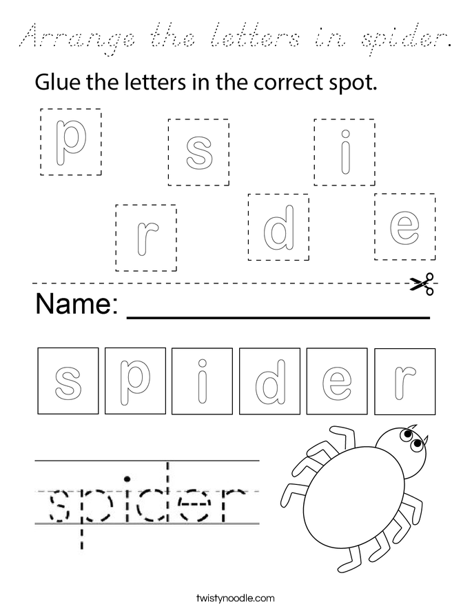 Arrange the letters in spider. Coloring Page