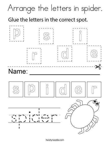 Arrange the letters in spider. Coloring Page