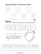 Arrange the letters in spider Handwriting Sheet
