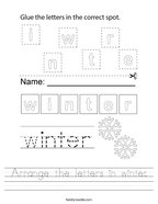 Arrange the letters in winter Handwriting Sheet
