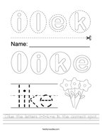 Glue the letters l-i-k-e in the correct spot Handwriting Sheet