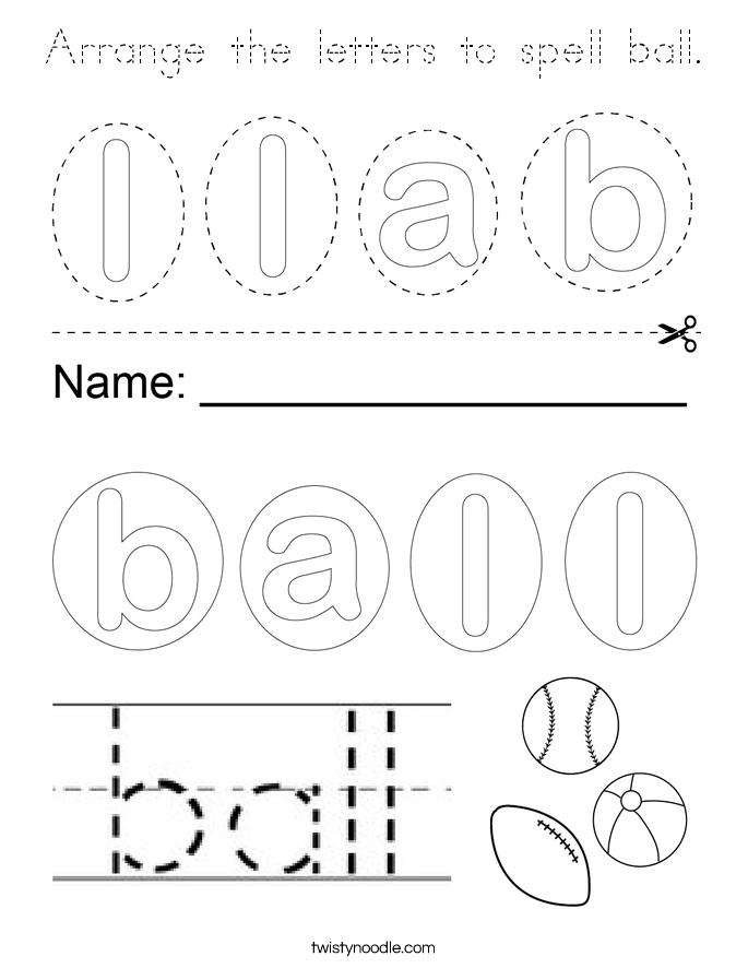 Arrange the letters to spell ball. Coloring Page