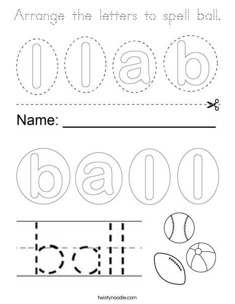 Arrange the letters to spell ball. Coloring Page
