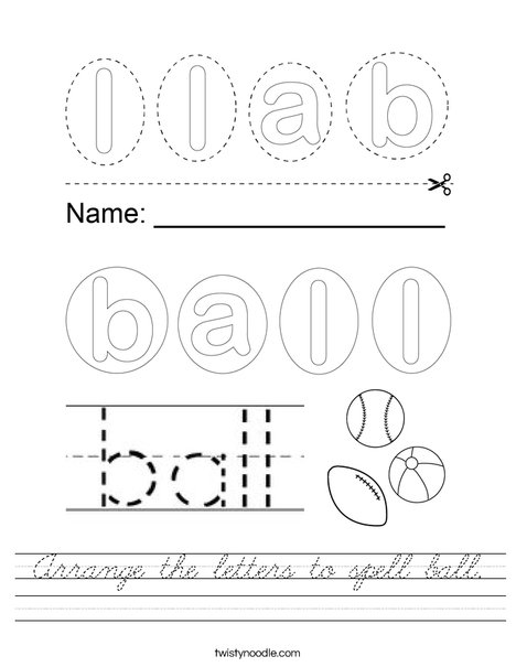 Arrange the letters to spell ball. Worksheet