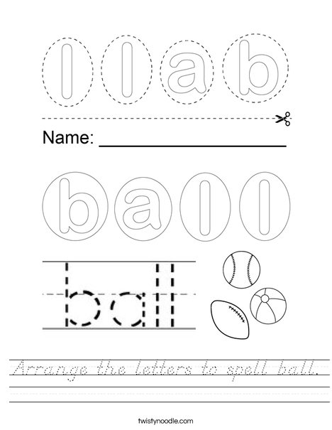 Arrange the letters to spell ball. Worksheet
