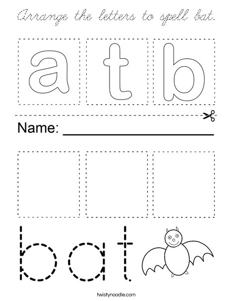 Arrange the letters to spell bat. Coloring Page