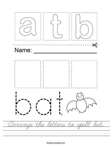 Arrange the letters to spell bat. Worksheet