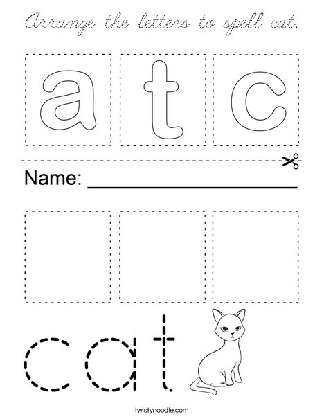Arrange the letters to spell cat. Coloring Page