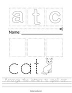 Arrange the letters to spell cat Handwriting Sheet