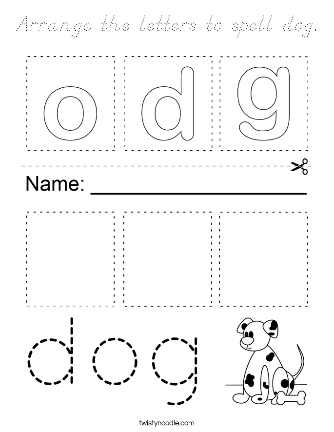 Arrange the letters to spell dog. Coloring Page