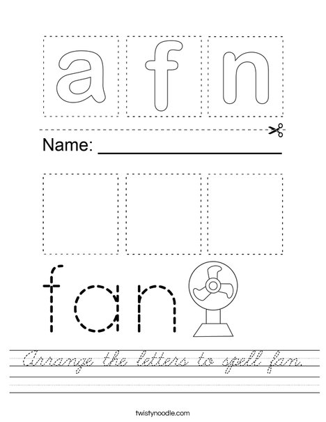 Arrange the letters to spell fan. Worksheet