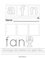 Arrange the letters to spell fan Handwriting Sheet