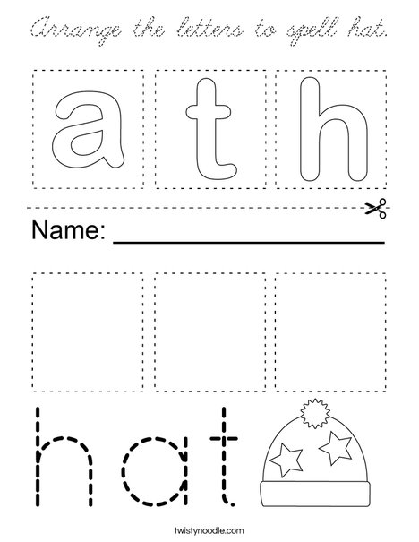 Arrange the letters to spell hat. Coloring Page