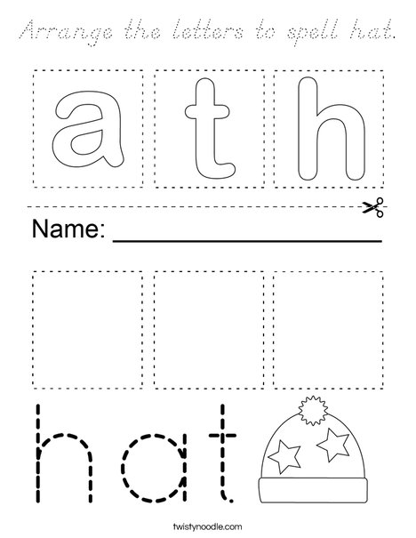Arrange the letters to spell hat. Coloring Page