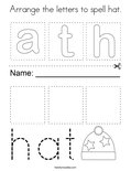 Arrange the letters to spell hat. Coloring Page
