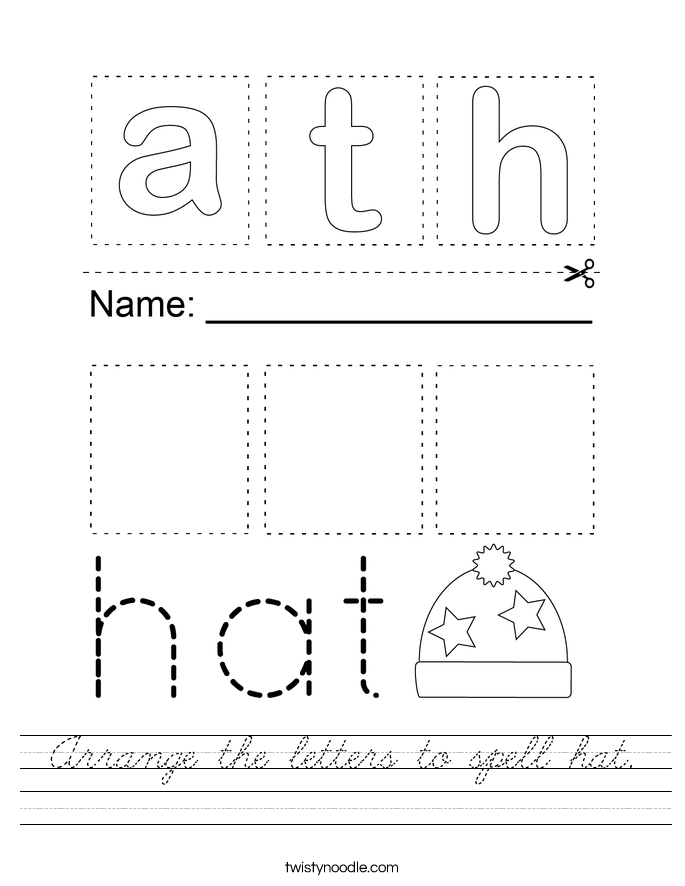 Arrange the letters to spell hat. Worksheet