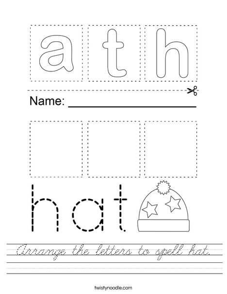 Arrange the letters to spell hat. Worksheet