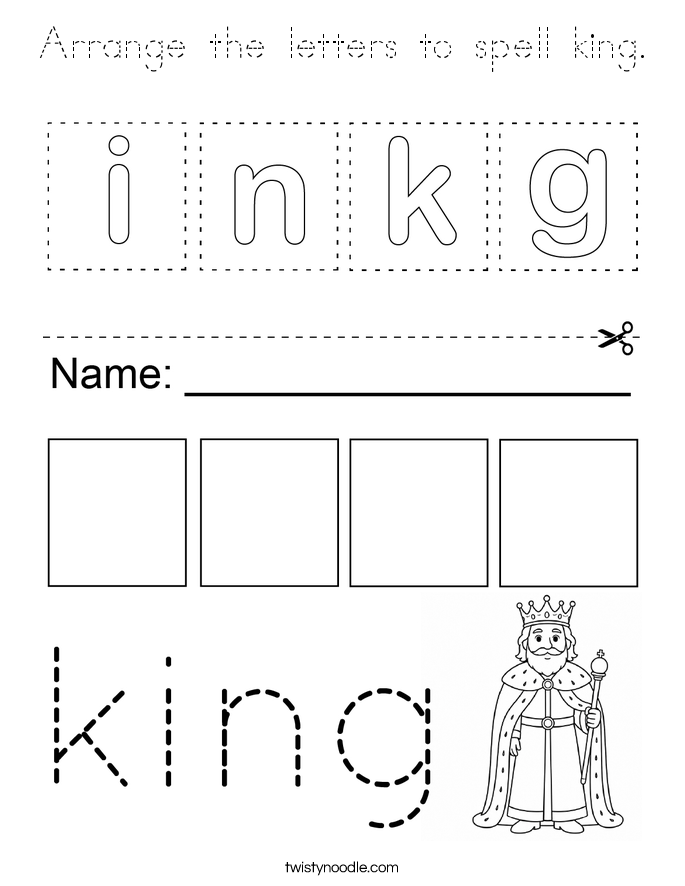 Arrange the letters to spell king. Coloring Page