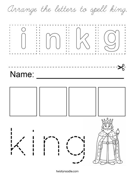 Arrange the letters to spell king. Coloring Page