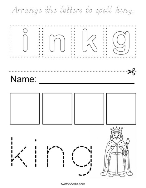 Arrange the letters to spell king. Coloring Page